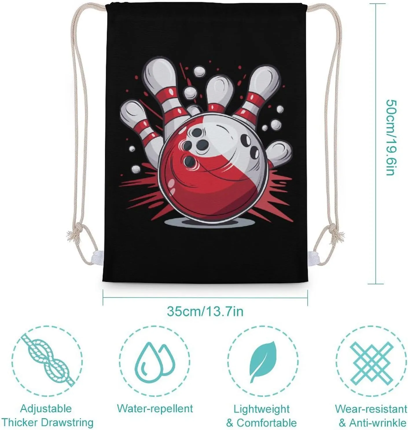 Bowling Ball And Pins Drawstring Backpack Lightweight Sports Gym Bag String Bag for Men Women 35x50cm