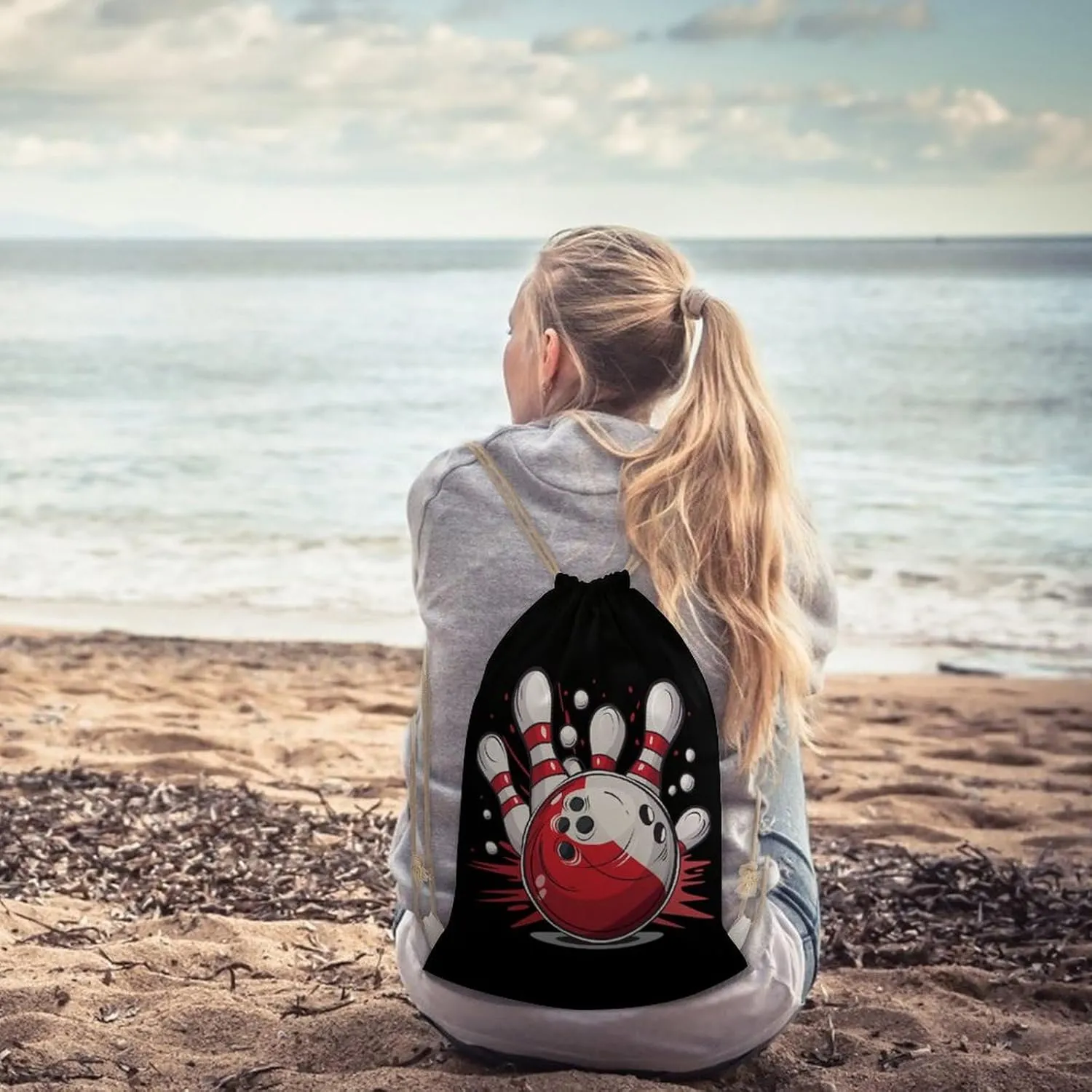 Bowling Ball And Pins Drawstring Backpack Lightweight Sports Gym Bag String Bag for Men Women 35x50cm