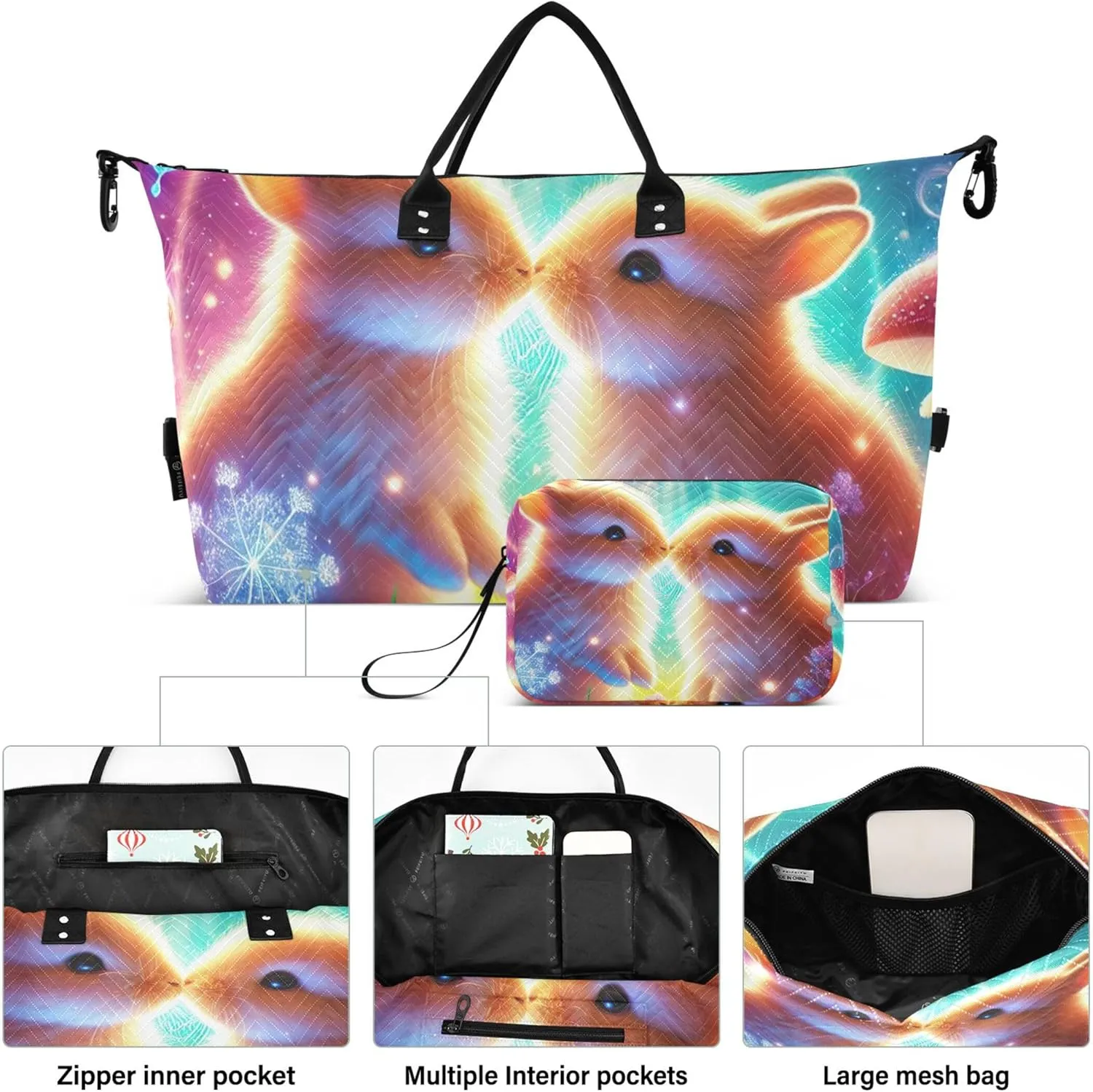 Bunny Kiss Rabbits Cute Travel Duffle Women Toiletry Bags Set of 2, Design Gym Bags Tote Carry on Duffel Bag