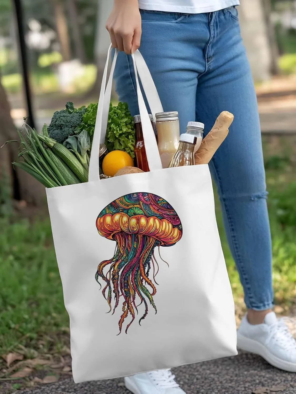 Canvas Tote Bag, Boho Floral Textured Jellyfish patterned Canvas Tote Handbags for Women Shoulder Bag,