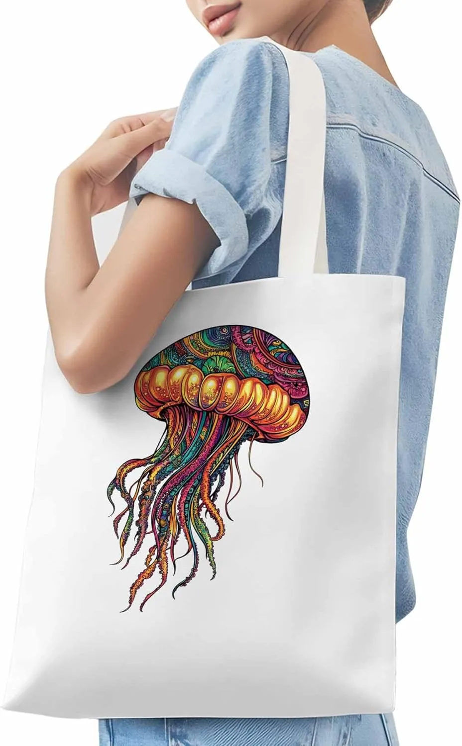 Canvas Tote Bag, Boho Floral Textured Jellyfish patterned Canvas Tote Handbags for Women Shoulder Bag,
