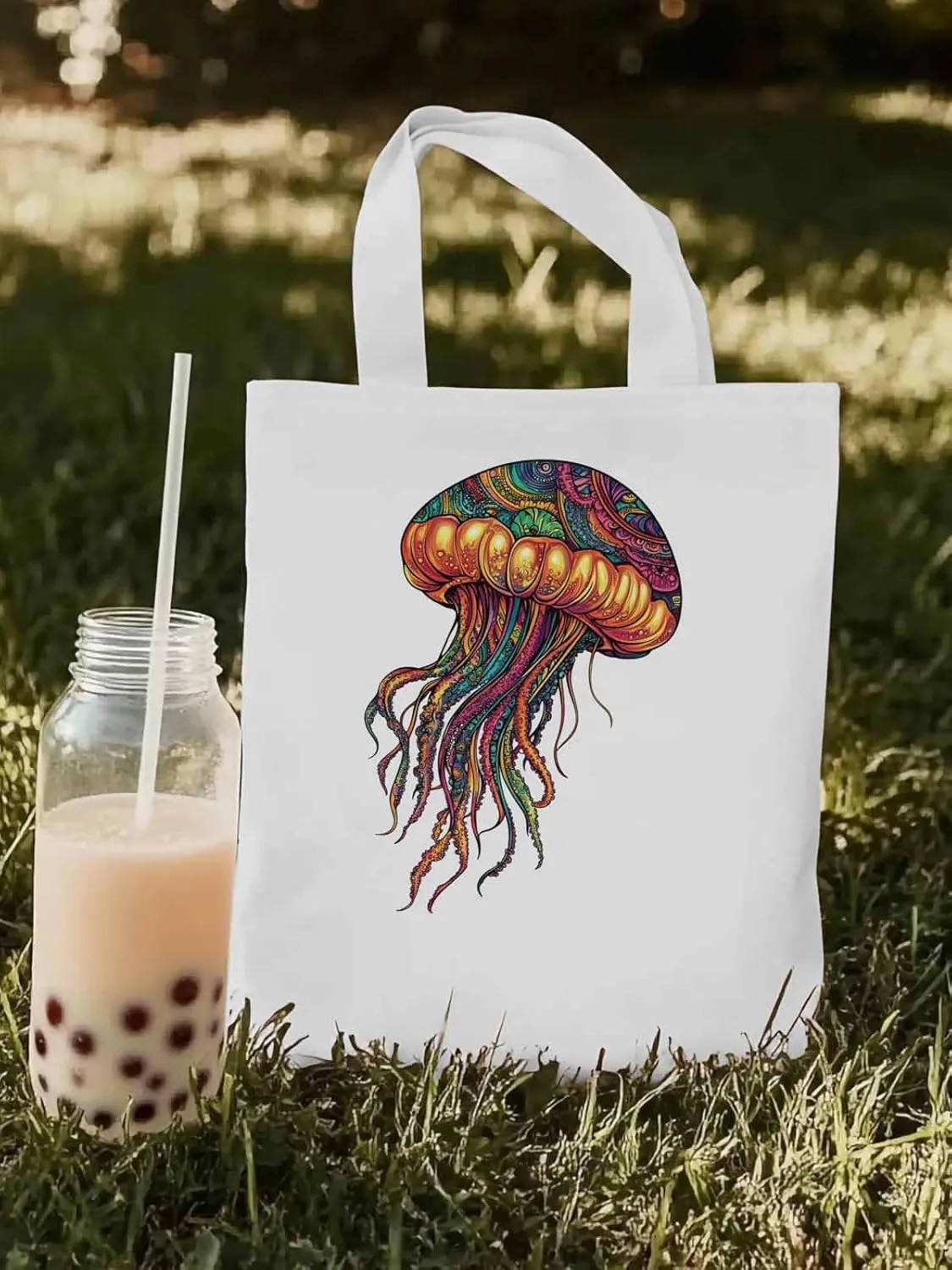 Canvas Tote Bag, Boho Floral Textured Jellyfish patterned Canvas Tote Handbags for Women Shoulder Bag,