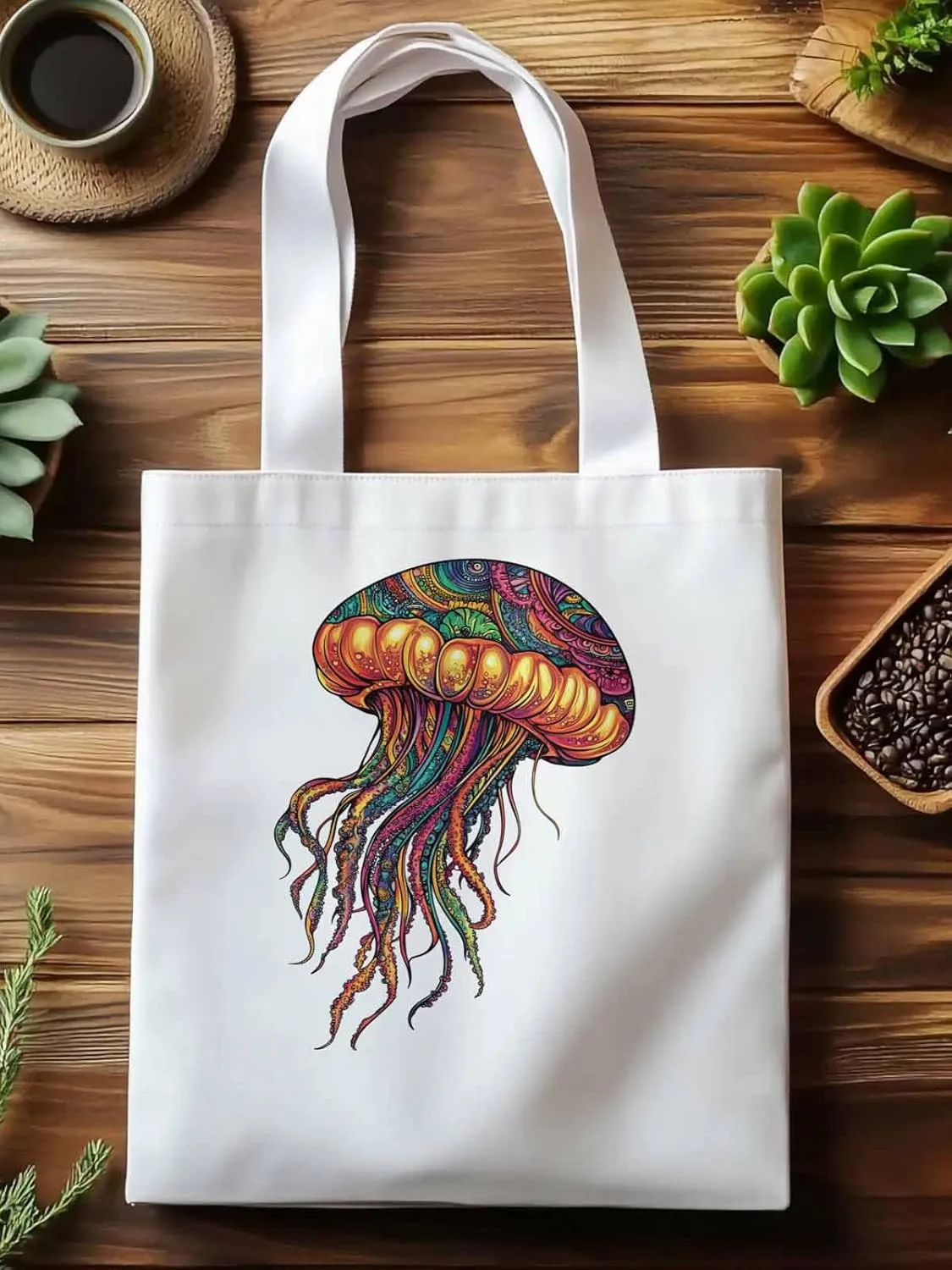 Canvas Tote Bag, Boho Floral Textured Jellyfish patterned Canvas Tote Handbags for Women Shoulder Bag,