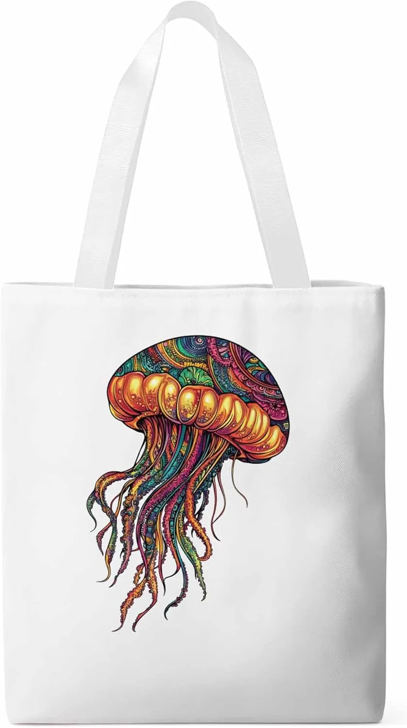 Canvas Tote Bag, Boho Floral Textured Jellyfish patterned Canvas Tote Handbags for Women Shoulder Bag,