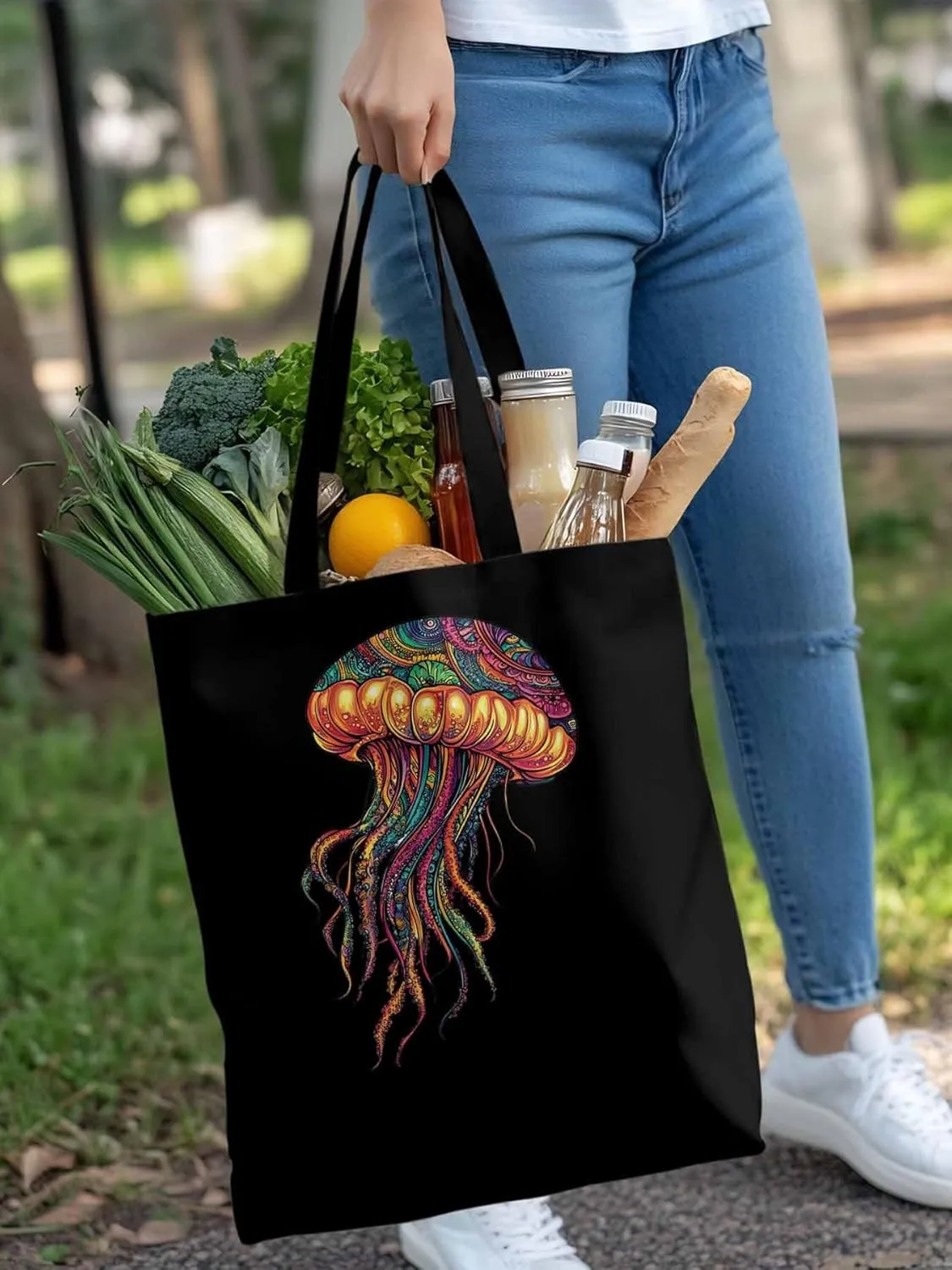 Canvas Tote Bag, Boho Floral Textured Jellyfish patterned Canvas Tote Handbags for Women Shoulder Bag,