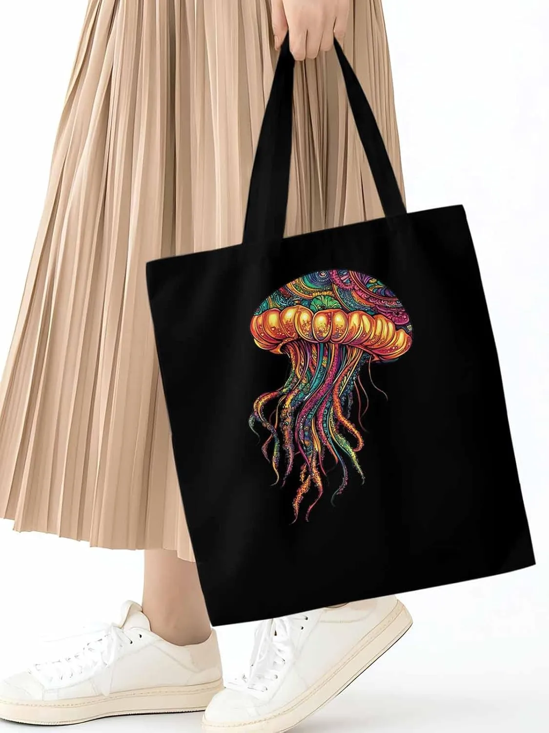 Canvas Tote Bag, Boho Floral Textured Jellyfish patterned Canvas Tote Handbags for Women Shoulder Bag,