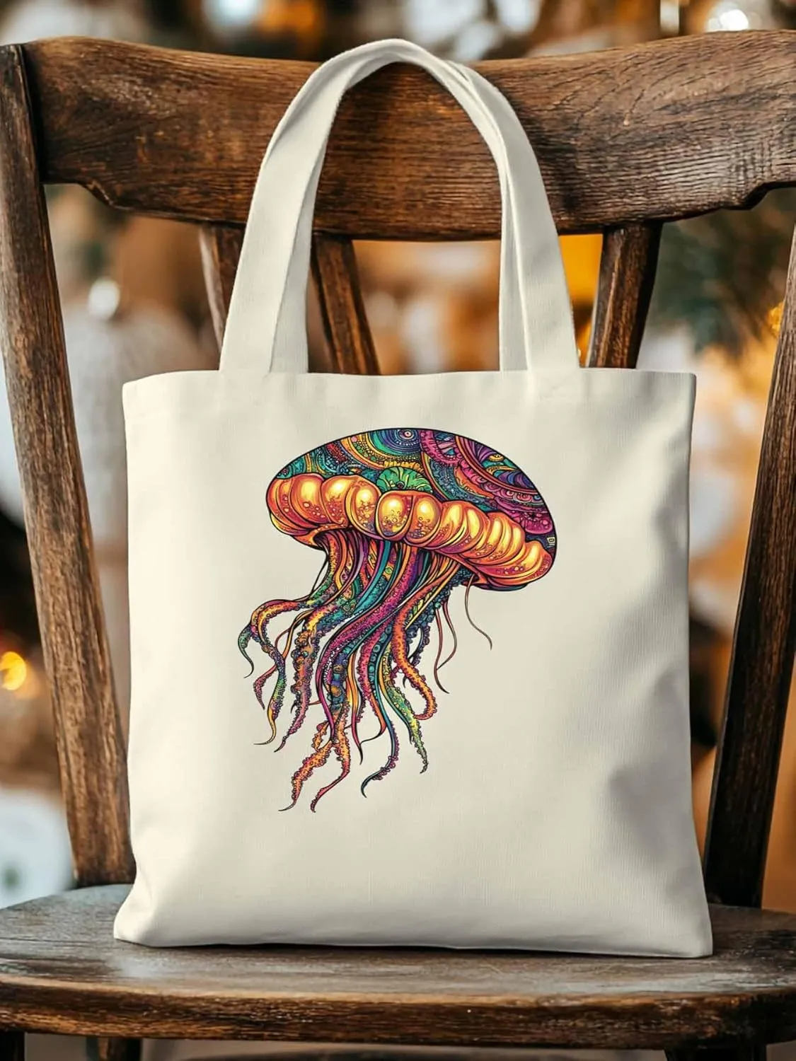Canvas Tote Bag, Boho Floral Textured Jellyfish patterned Canvas Tote Handbags for Women Shoulder Bag,