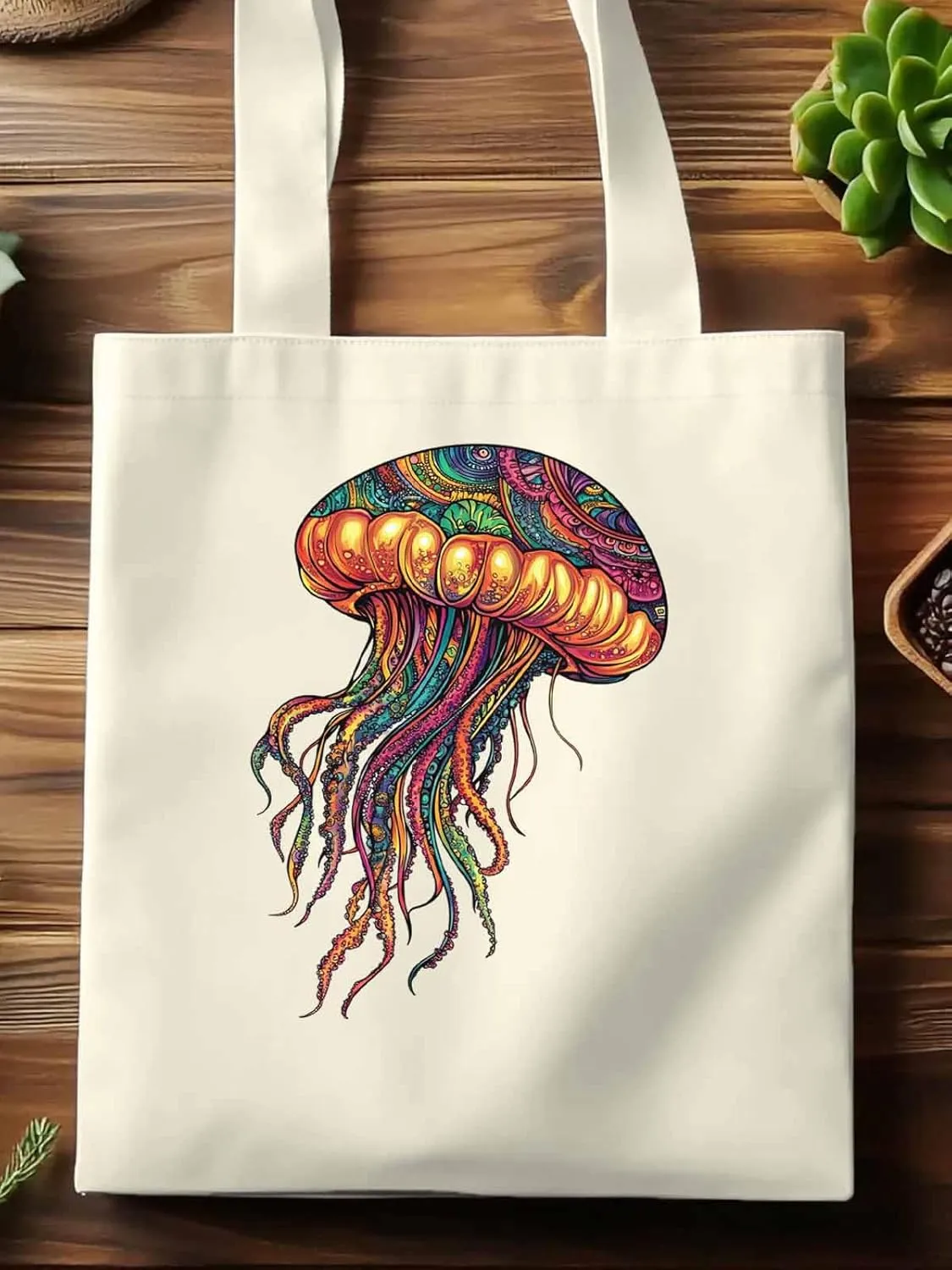 Canvas Tote Bag, Boho Floral Textured Jellyfish patterned Canvas Tote Handbags for Women Shoulder Bag,