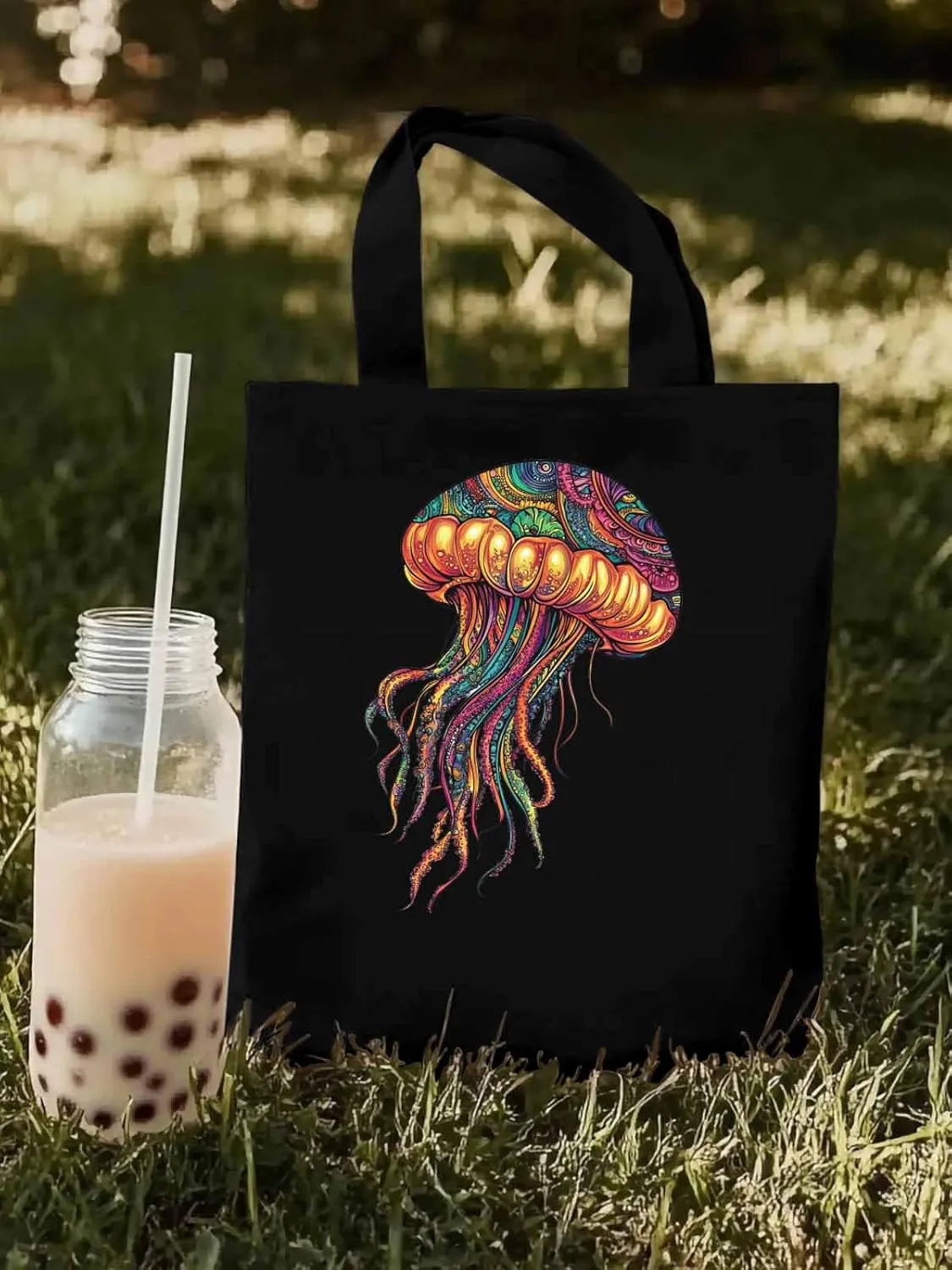Canvas Tote Bag, Boho Floral Textured Jellyfish patterned Canvas Tote Handbags for Women Shoulder Bag,