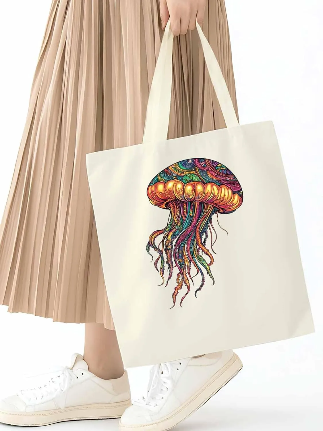 Canvas Tote Bag, Boho Floral Textured Jellyfish patterned Canvas Tote Handbags for Women Shoulder Bag,
