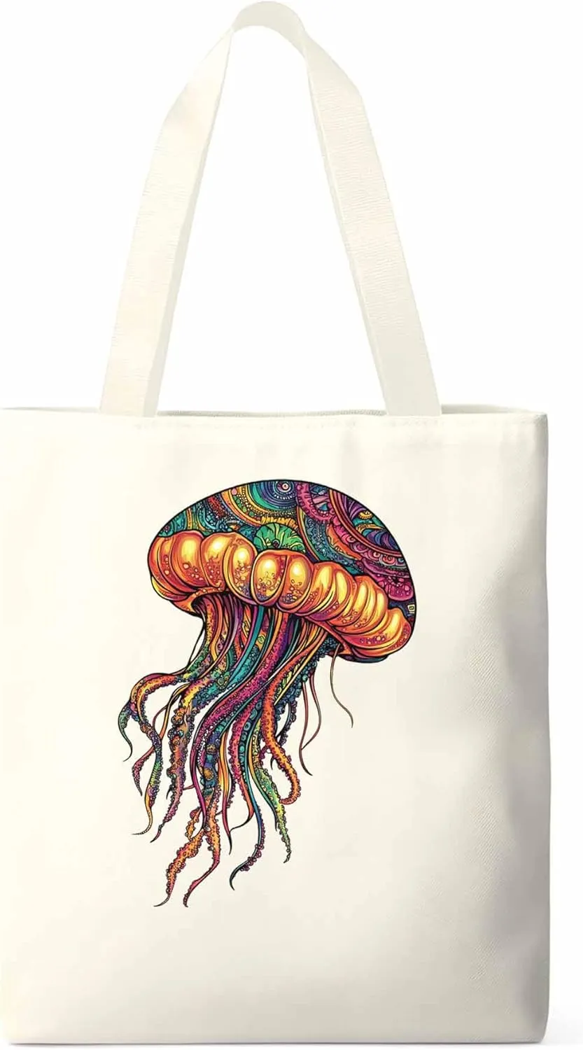 Canvas Tote Bag, Boho Floral Textured Jellyfish patterned Canvas Tote Handbags for Women Shoulder Bag,