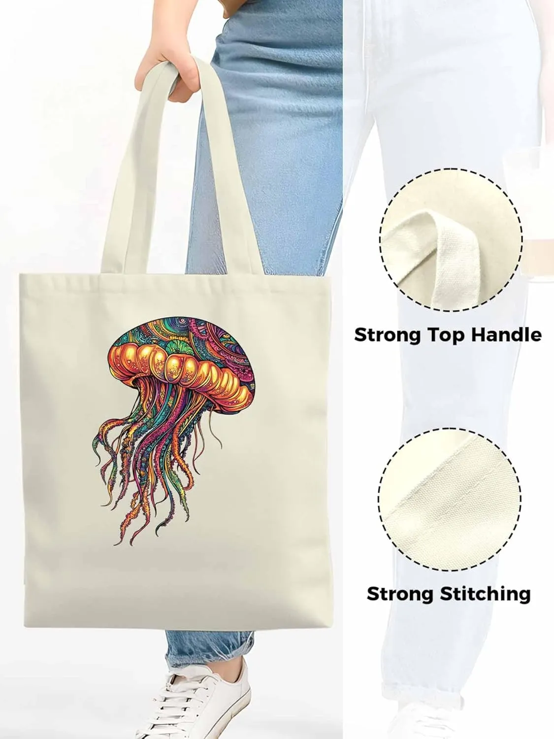 Canvas Tote Bag, Boho Floral Textured Jellyfish patterned Canvas Tote Handbags for Women Shoulder Bag,