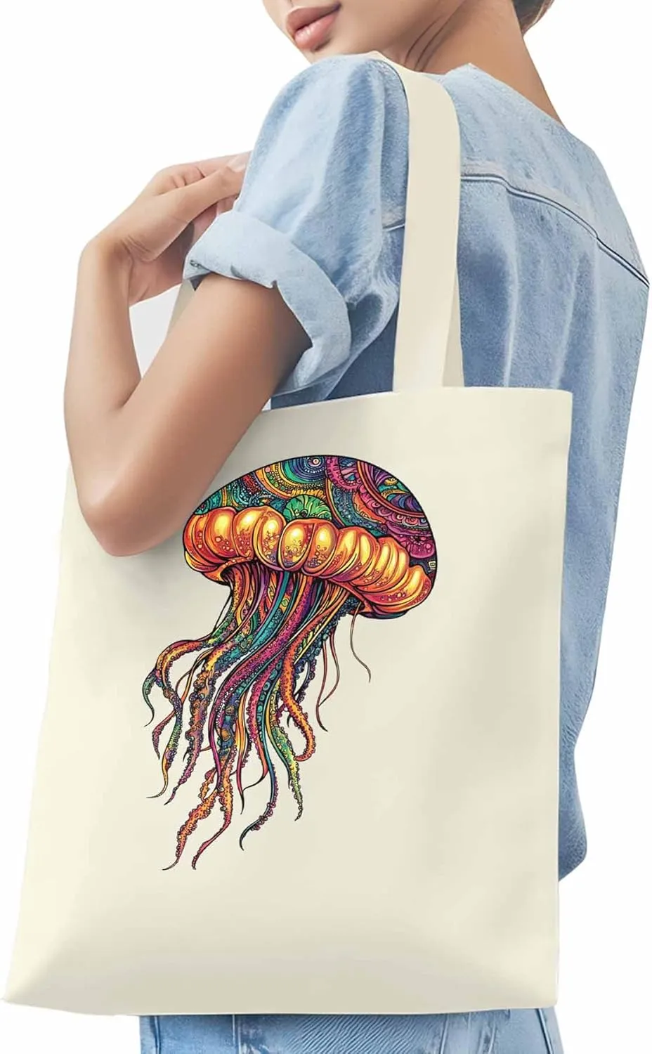Canvas Tote Bag, Boho Floral Textured Jellyfish patterned Canvas Tote Handbags for Women Shoulder Bag,