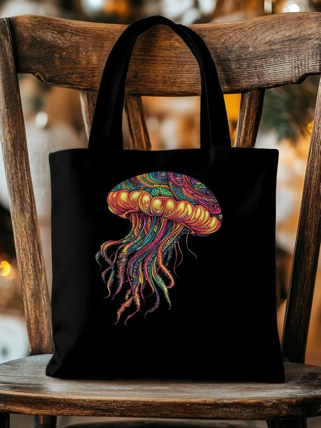 Canvas Tote Bag, Boho Floral Textured Jellyfish patterned Canvas Tote Handbags for Women Shoulder Bag,