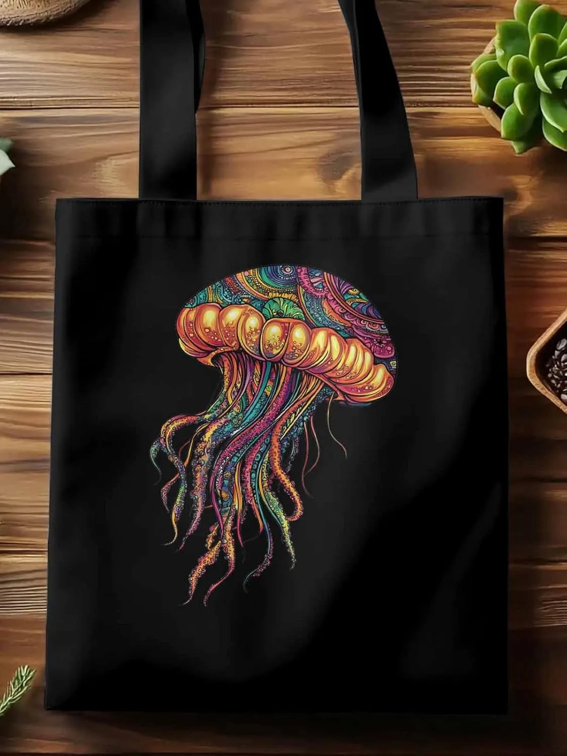 Canvas Tote Bag, Boho Floral Textured Jellyfish patterned Canvas Tote Handbags for Women Shoulder Bag,