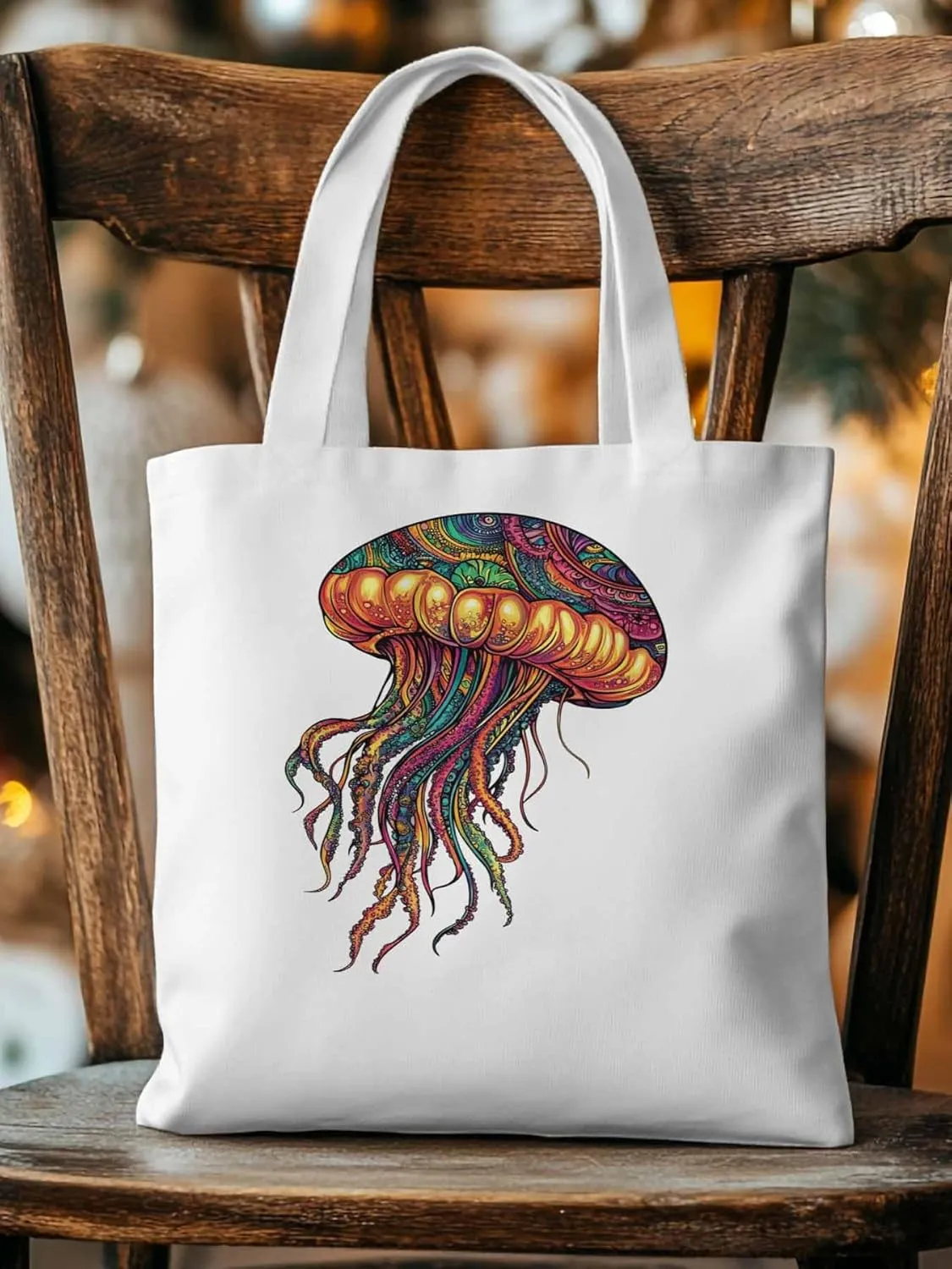 Canvas Tote Bag, Boho Floral Textured Jellyfish patterned Canvas Tote Handbags for Women Shoulder Bag,