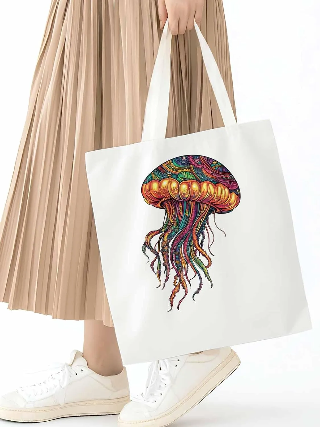 Canvas Tote Bag, Boho Floral Textured Jellyfish patterned Canvas Tote Handbags for Women Shoulder Bag,
