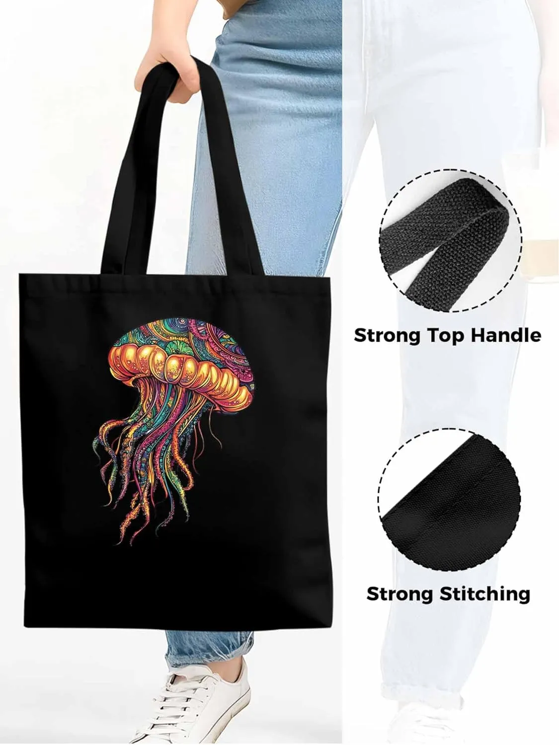 Canvas Tote Bag, Boho Floral Textured Jellyfish patterned Canvas Tote Handbags for Women Shoulder Bag,