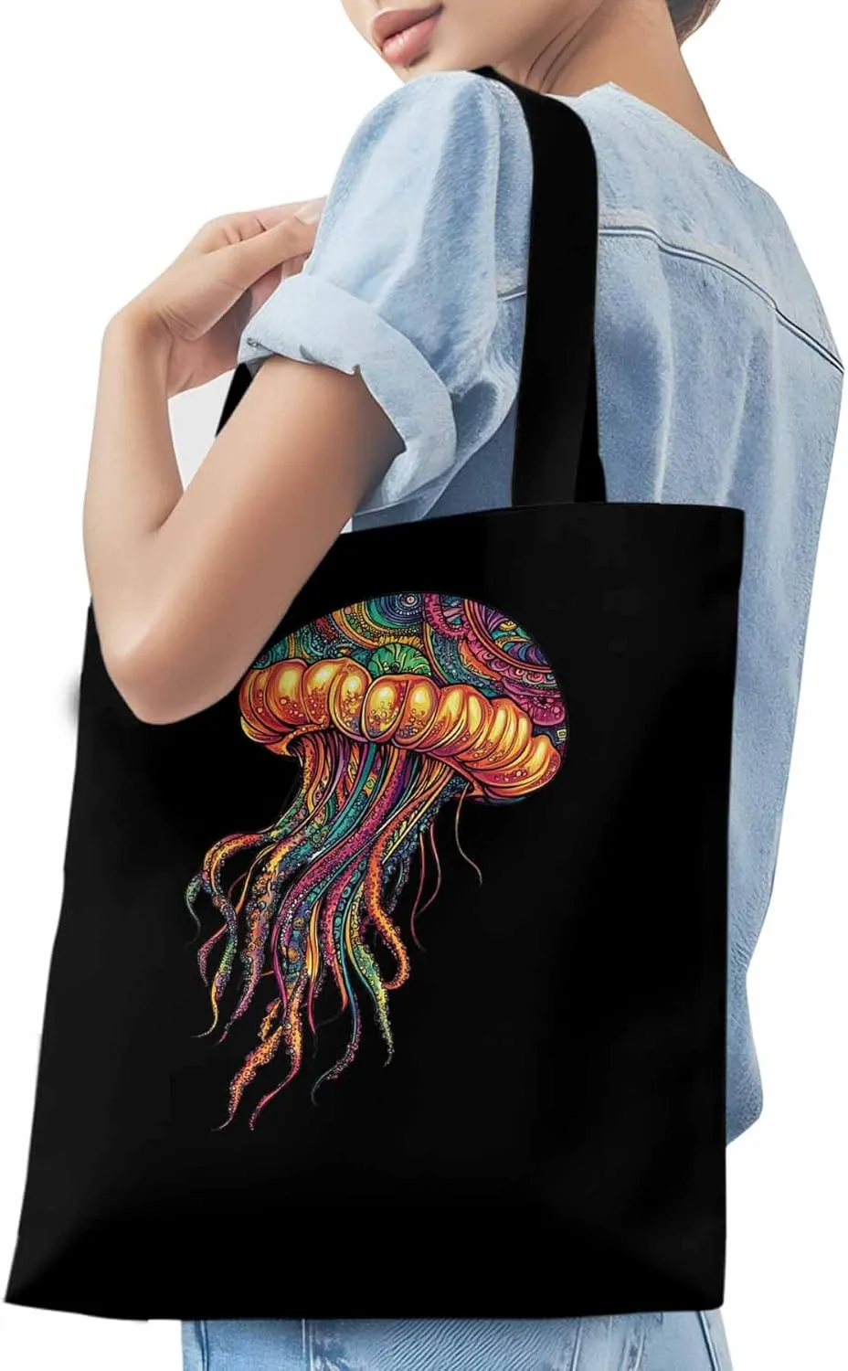 Canvas Tote Bag, Boho Floral Textured Jellyfish patterned Canvas Tote Handbags for Women Shoulder Bag,