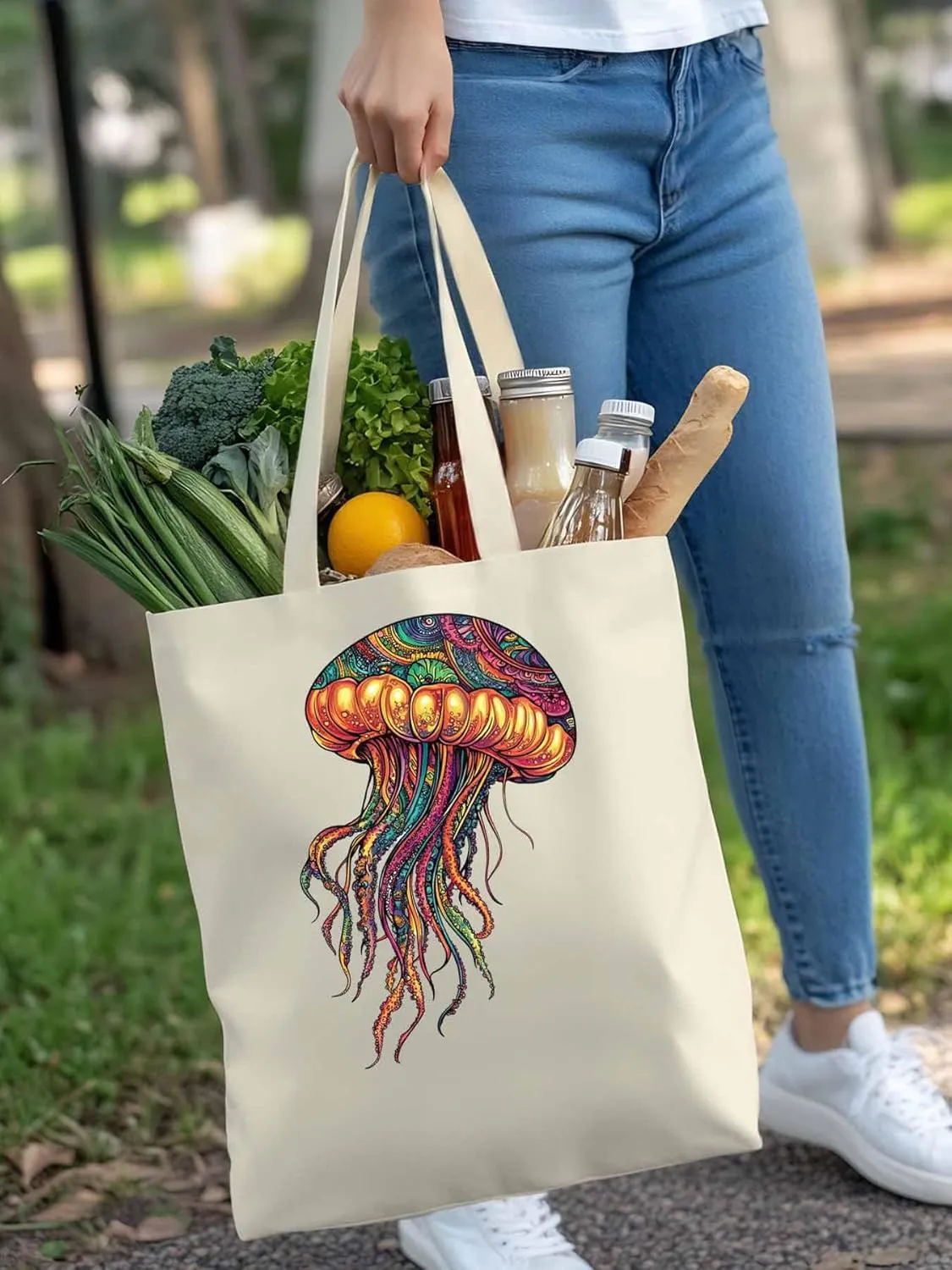 Canvas Tote Bag, Boho Floral Textured Jellyfish patterned Canvas Tote Handbags for Women Shoulder Bag,