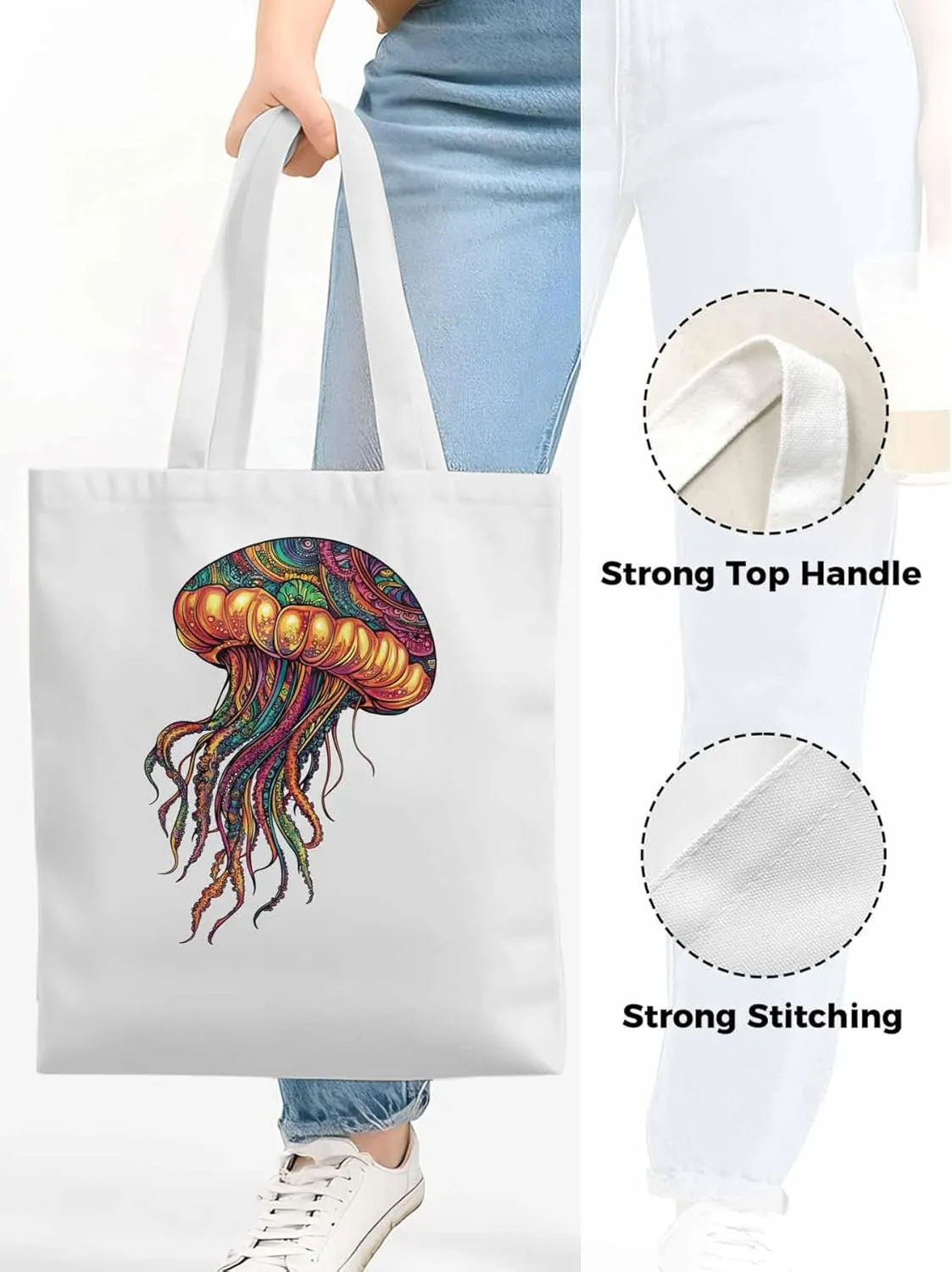Canvas Tote Bag, Boho Floral Textured Jellyfish patterned Canvas Tote Handbags for Women Shoulder Bag,