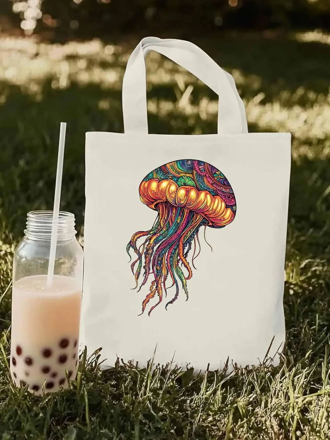 Canvas Tote Bag, Boho Floral Textured Jellyfish patterned Canvas Tote Handbags for Women Shoulder Bag,
