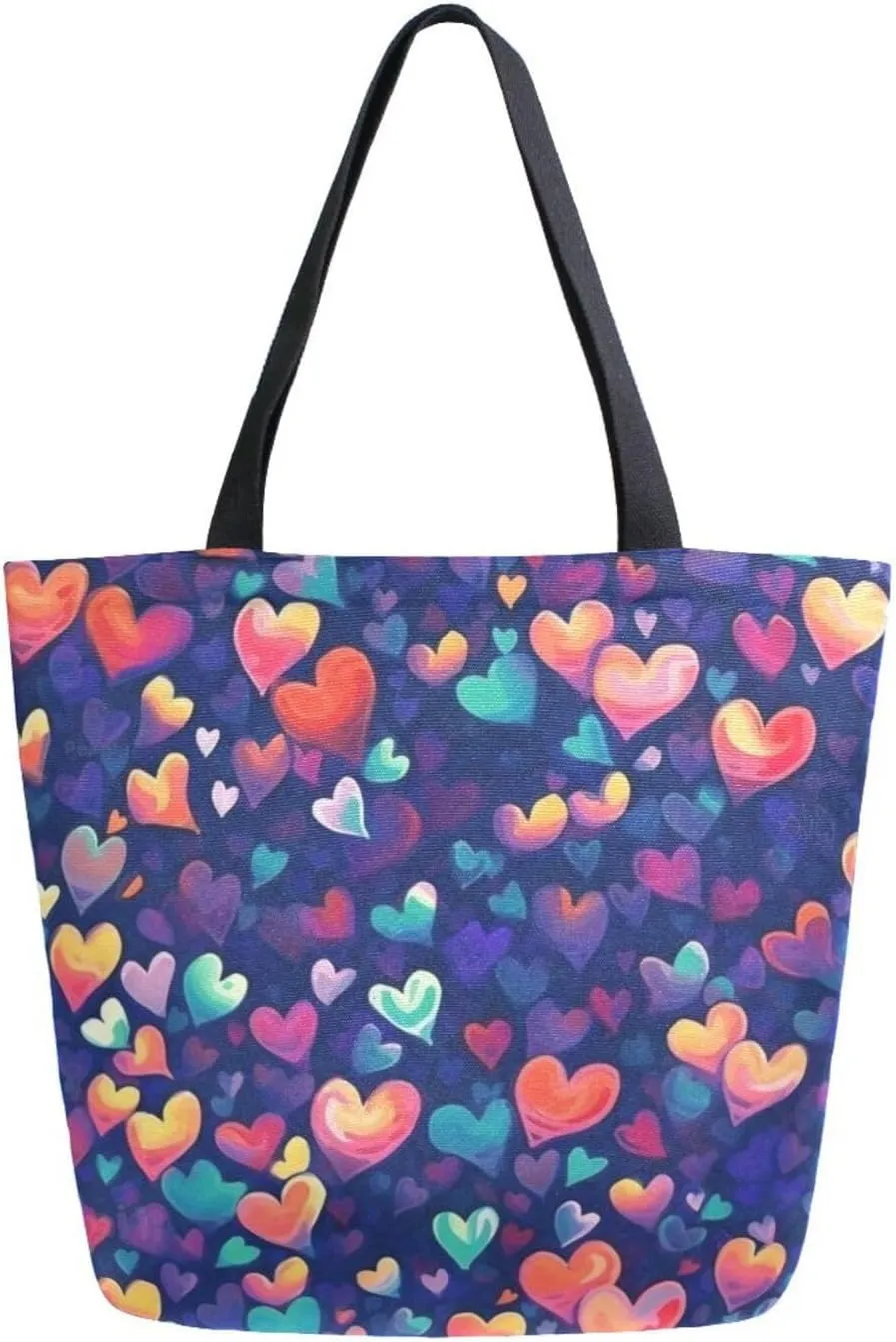 Canvas Tote Bag for Women-Vibrant Hearts Print Large Capacity with Inner Pocket, Handbag Reusable Grocery Bags 13.55.115 IN