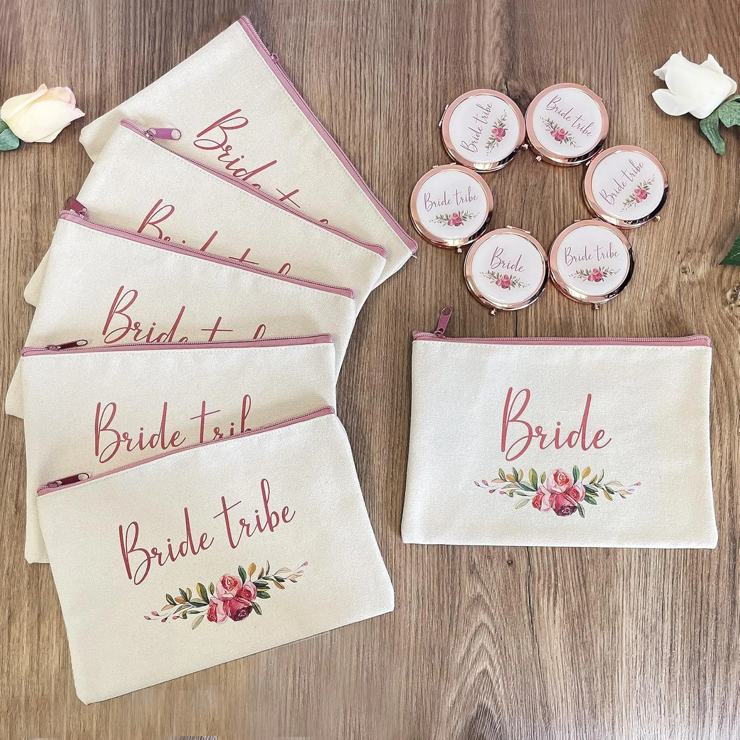 CARAKNOTS Bride Tribe Gifts Bride Tribe Bags Set of 12 Bridesmaid Gifts for Wedding Proposal Bridal Shower Bachelorette Party Favor Cotton Canvas Cosmetic Makeup Bag with Compact Mirror