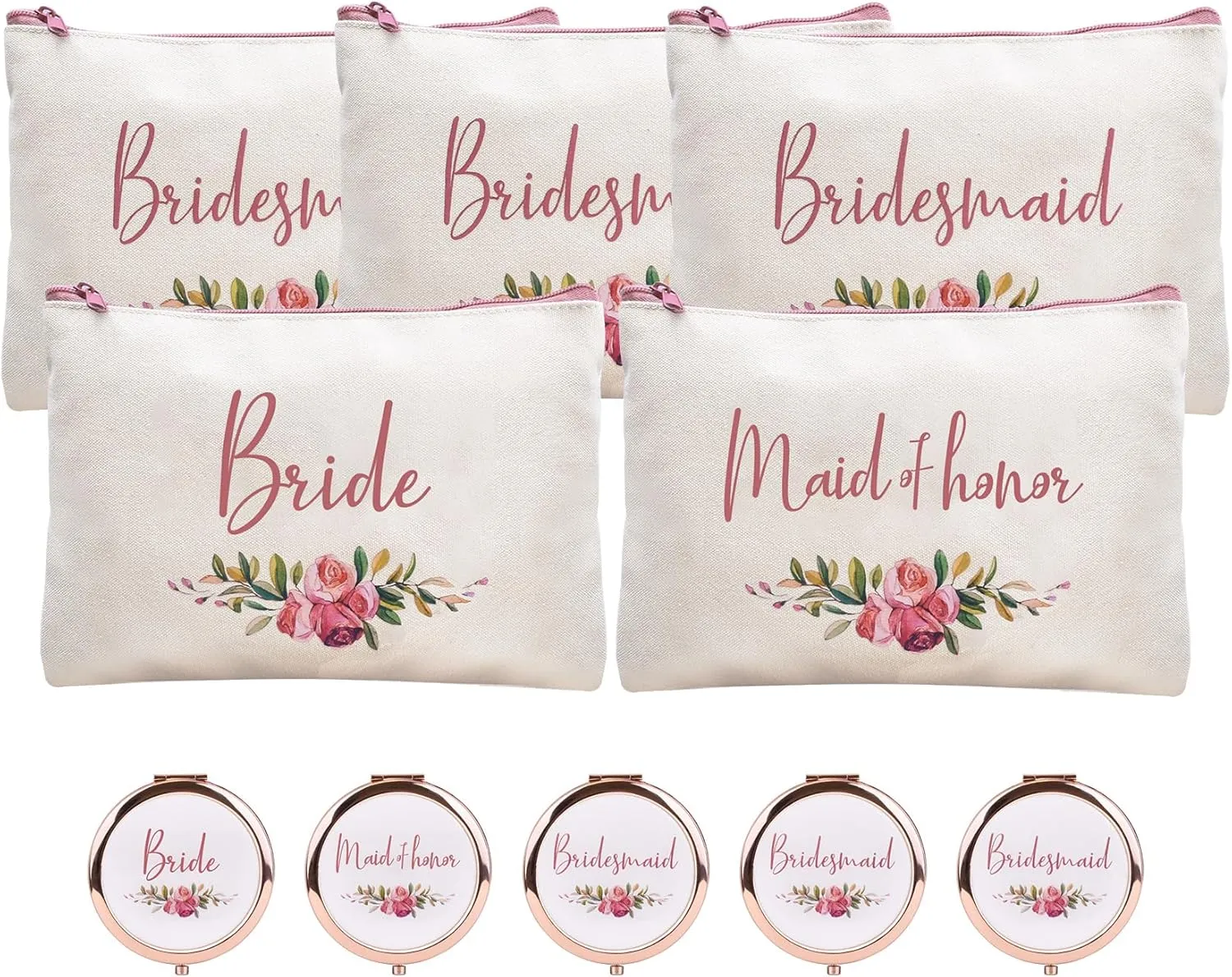 CARAKNOTS Bridesmaid Gifts Set of 10 Bridesmaid Makeup Bag with Compact Mirror Maid of Honor Proposal Gifts Wedding Bridal Bachelorette Party Favor Cotton Canvas Cosmetic Makeup Bags