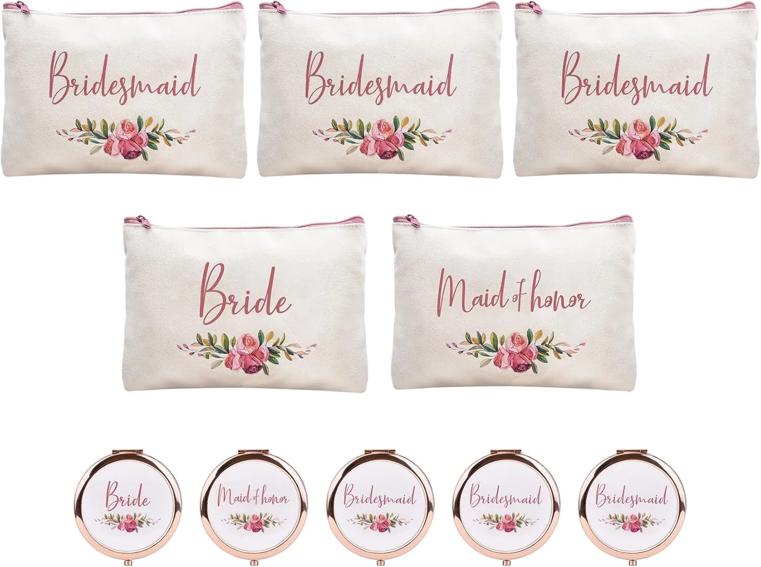 CARAKNOTS Bridesmaid Gifts Set of 10 Bridesmaid Makeup Bag with Compact Mirror Maid of Honor Proposal Gifts Wedding Bridal Bachelorette Party Favor Cotton Canvas Cosmetic Makeup Bags