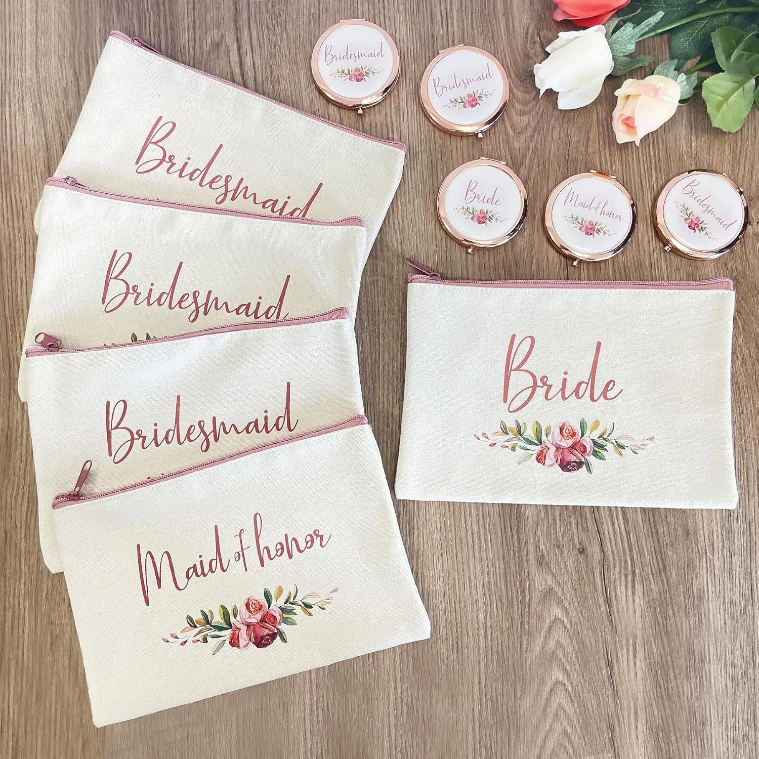 CARAKNOTS Bridesmaid Gifts Set of 10 Bridesmaid Makeup Bag with Compact Mirror Maid of Honor Proposal Gifts Wedding Bridal Bachelorette Party Favor Cotton Canvas Cosmetic Makeup Bags