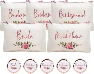 CARAKNOTS Bridesmaid Gifts Set of 10 Bridesmaid Makeup Bag with Compact Mirror Maid of Honor Proposal Gifts Wedding Bridal Bachelorette Party Favor Cotton Canvas Cosmetic Makeup Bags