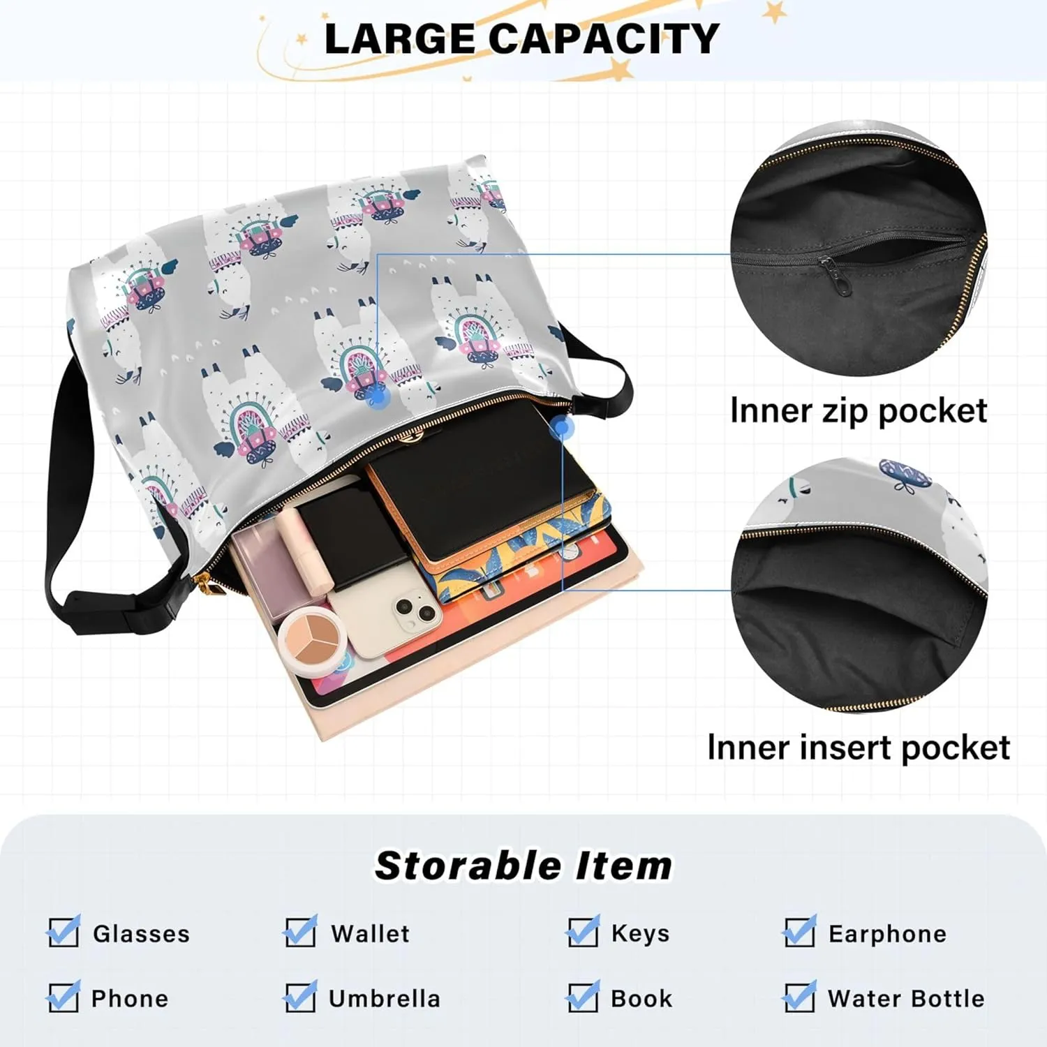 Cartoon Llama Alpaca Grey Soft Leather Hobo Bags for Women Large Crossbody Bags Animal Print Crossbody Hobo Purses
