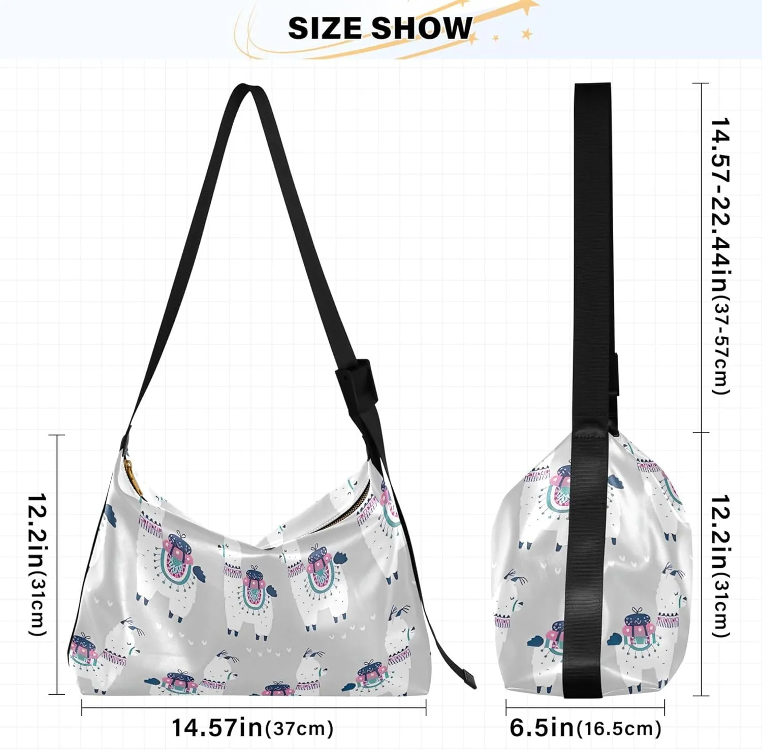 Cartoon Llama Alpaca Grey Soft Leather Hobo Bags for Women Large Crossbody Bags Animal Print Crossbody Hobo Purses
