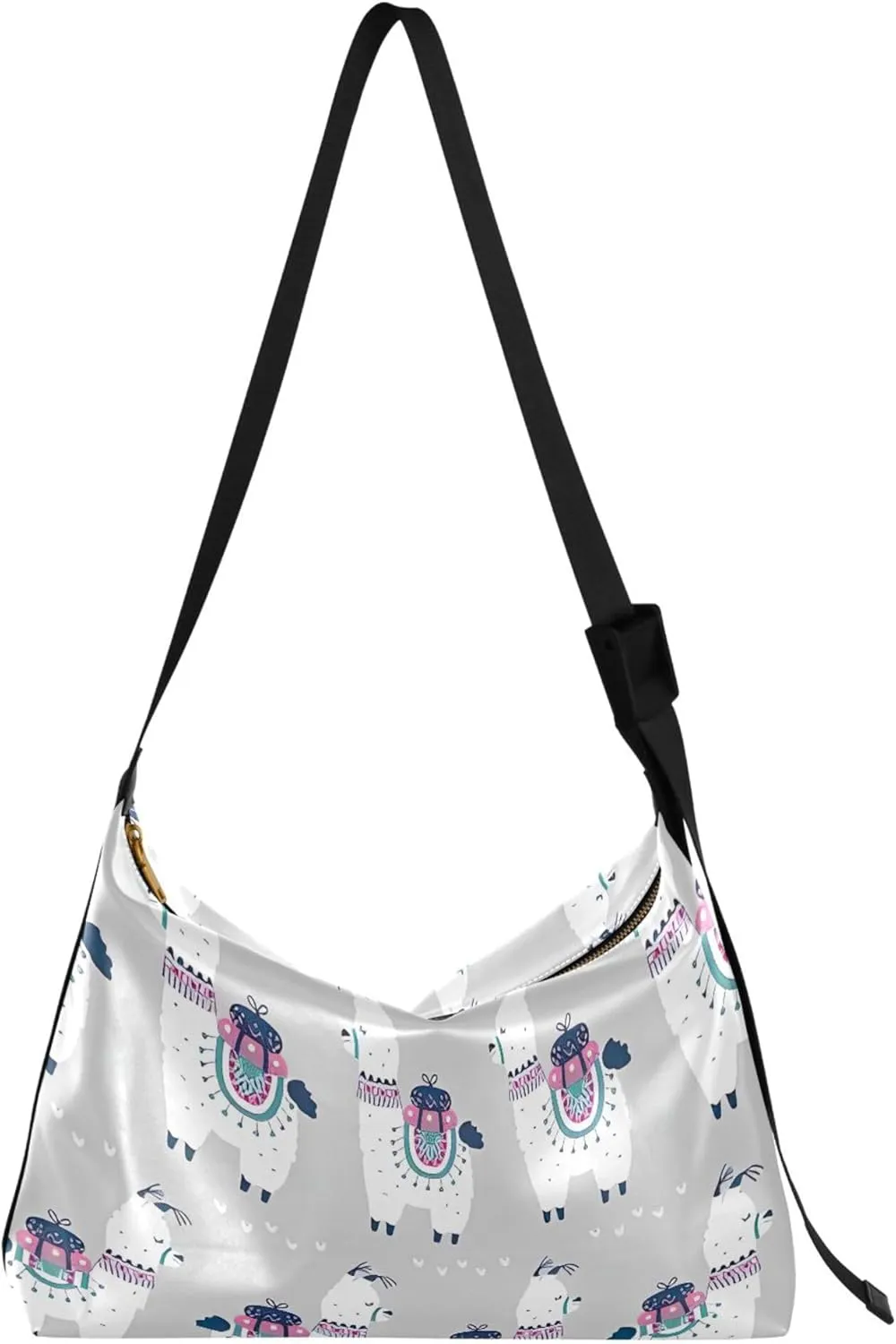 Cartoon Llama Alpaca Grey Soft Leather Hobo Bags for Women Large Crossbody Bags Animal Print Crossbody Hobo Purses
