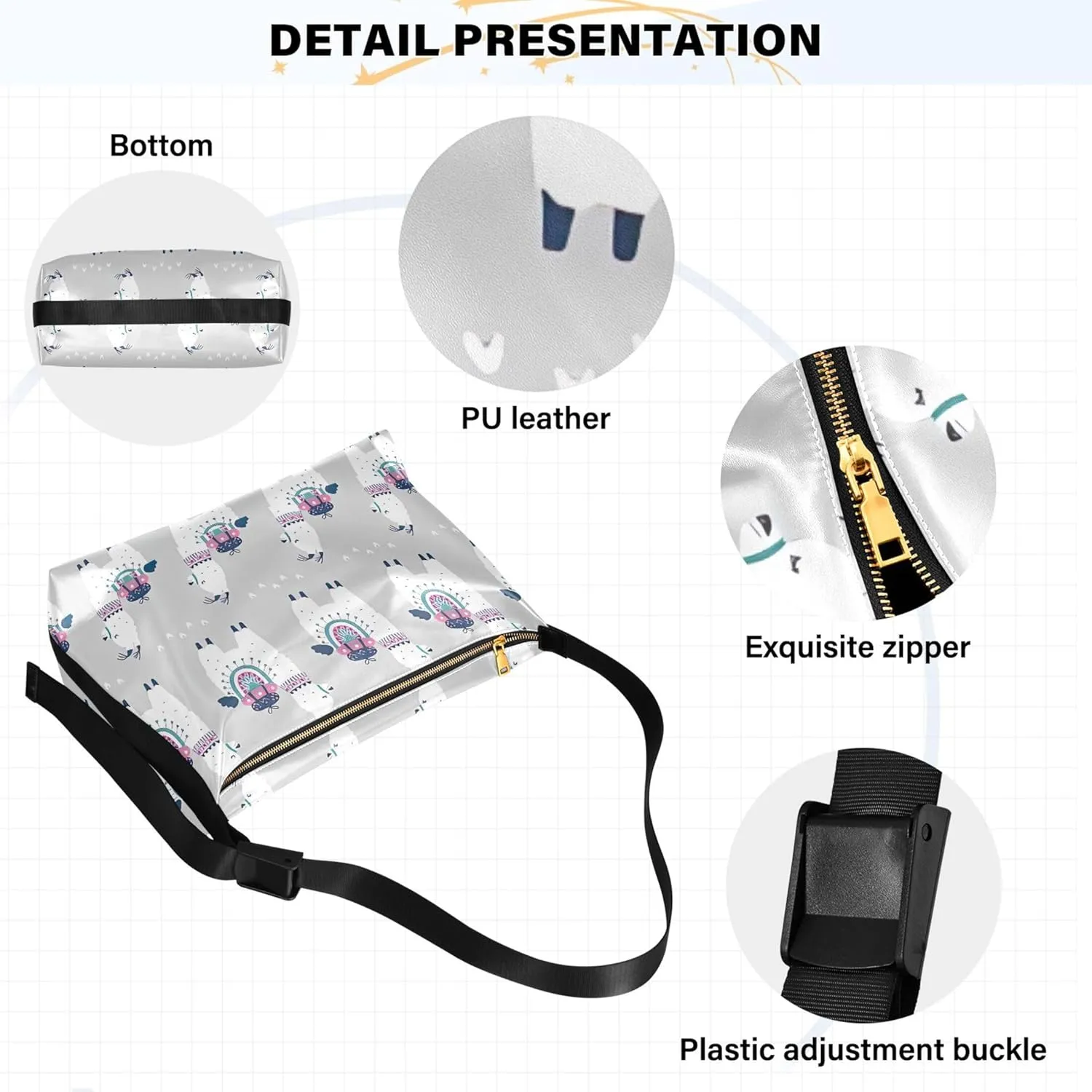 Cartoon Llama Alpaca Grey Soft Leather Hobo Bags for Women Large Crossbody Bags Animal Print Crossbody Hobo Purses