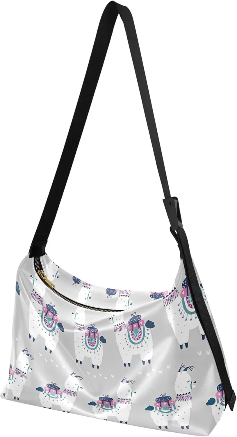 Cartoon Llama Alpaca Grey Soft Leather Hobo Bags for Women Large Crossbody Bags Animal Print Crossbody Hobo Purses