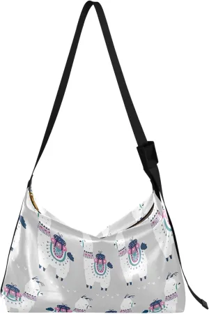 Cartoon Llama Alpaca Grey Soft Leather Hobo Bags for Women Large Crossbody Bags Animal Print Crossbody Hobo Purses