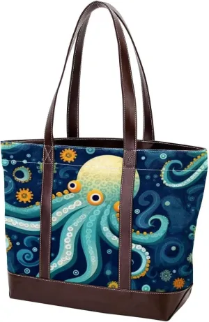 Cartoon Octopus-1738 Tote Bags Durable Leather Canvas Purses and Handbags for Women Top Handle Shoulder Satchel Hobo Bags