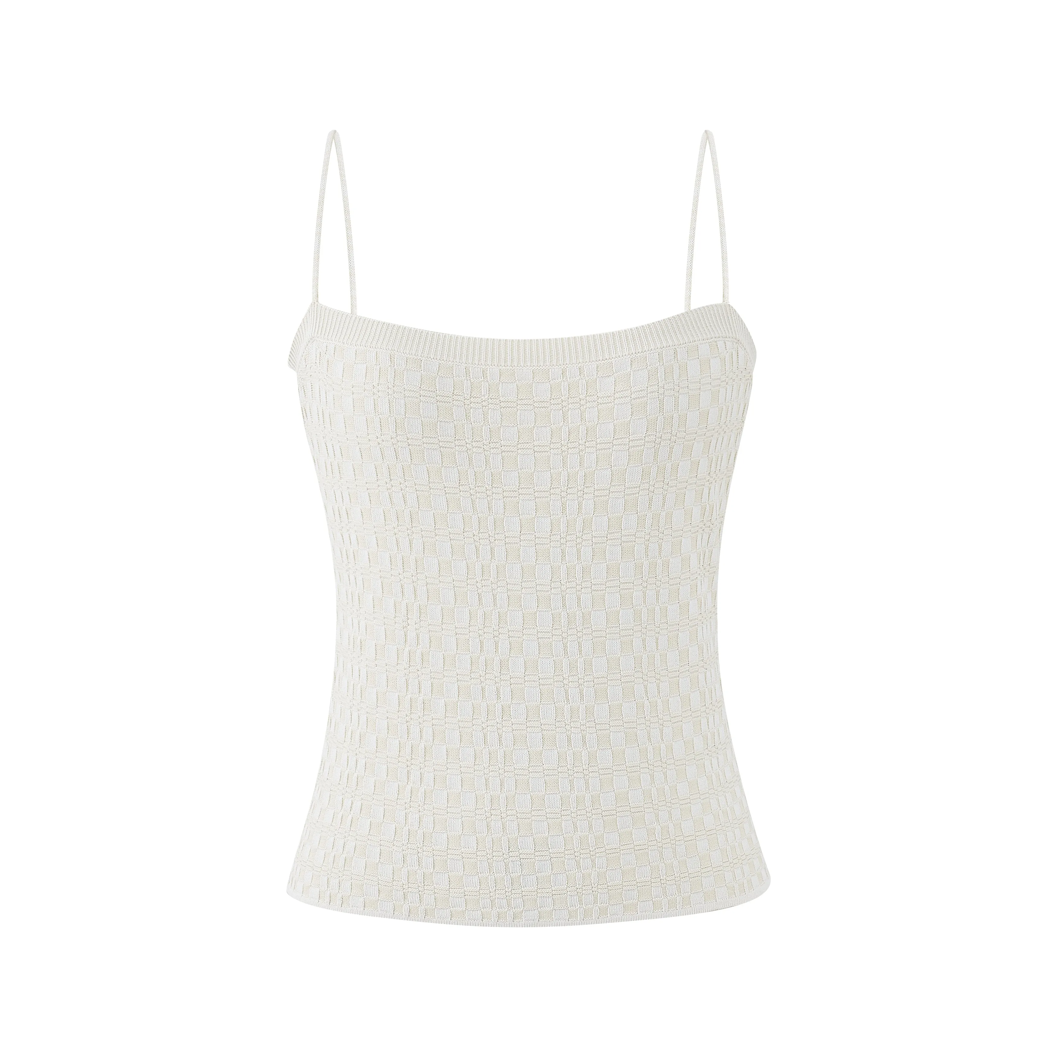 Checkerboard knit jersey strap top