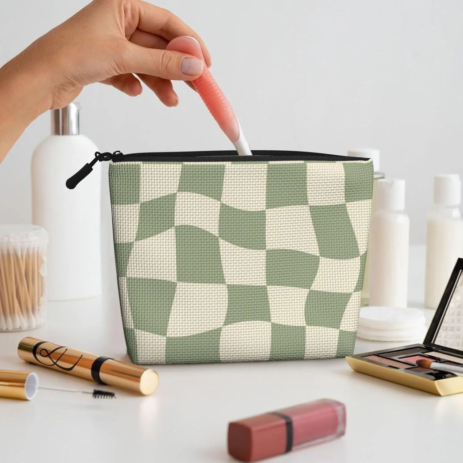 checkered makeup bag,Green Makeup Bag,cute makeup bag,retro gifts,boho makeup bag,aesthetic makeup bag,Makeup Bag Organizer,Toiletry Bag,2-5