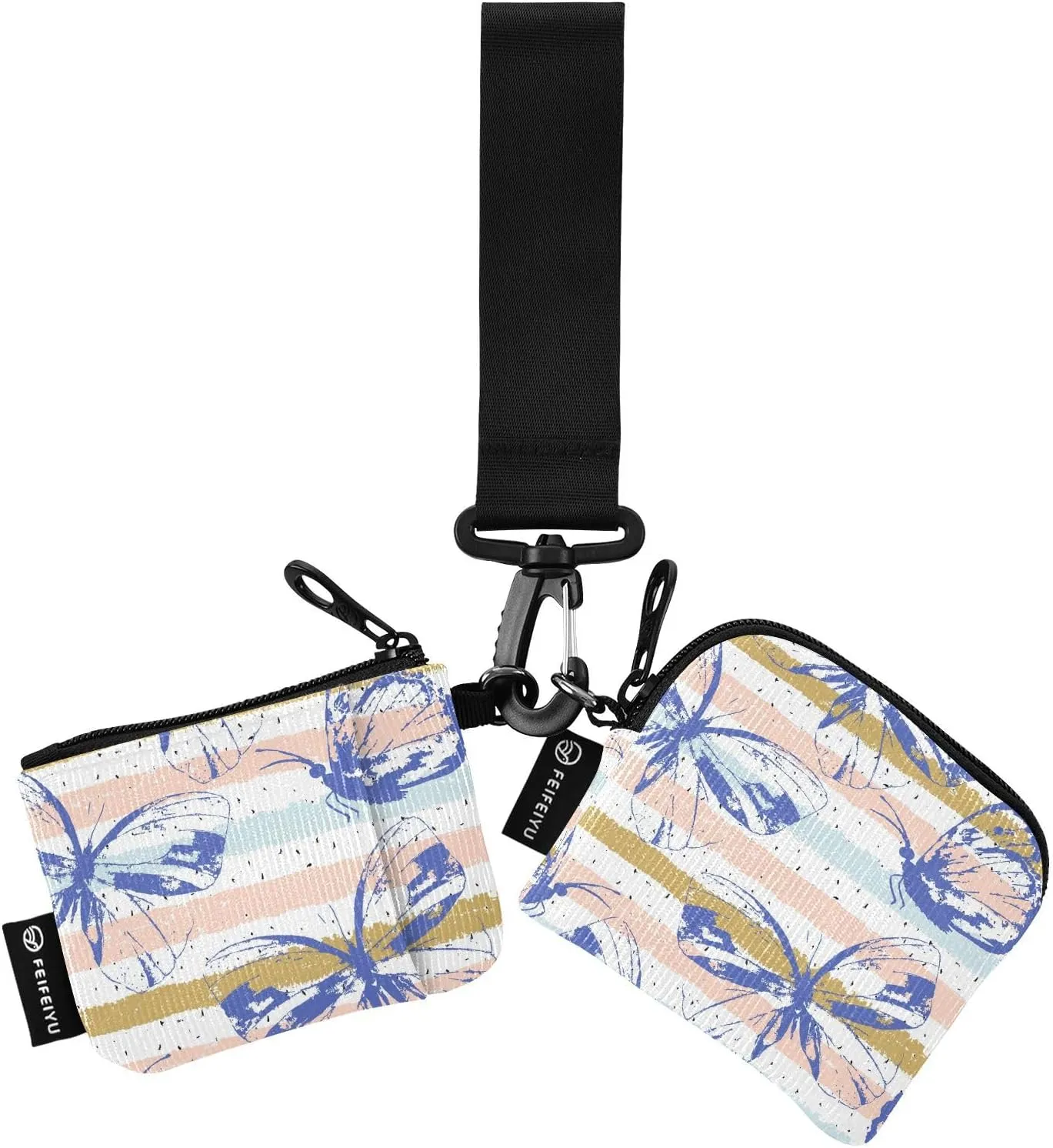 Chic Butterfly on Blue Tropical Mini Zip Around Wristlet keychain Wallet for Women with Detachable Dual Pouch Wristlet Portable wallet Coin Purse
