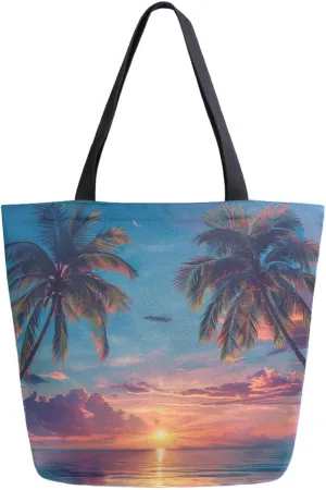 Chic Extra Large Shoulder Grocery Tote Bag, Beautiful Summer Beach Sunset Palm Trees Canvas Daily Gym Weekender Beach Travel Kitchen Reusable Market Shopping Handle Bag