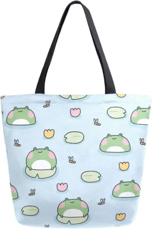 Chic Extra Large Shoulder Grocery Tote Bag, Funny Cartoon Cute Water Frogs Canvas Daily Handle Bag for Gym Yoga Weekender Beach Travel Picnic Kitchen Reusable Market Shopping