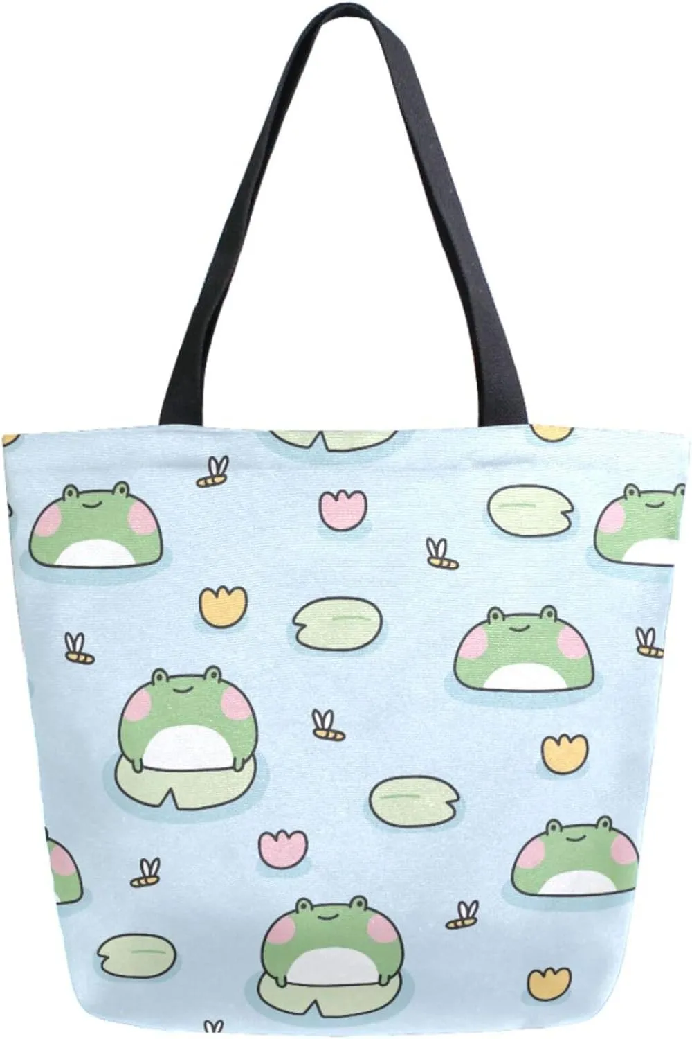 Chic Extra Large Shoulder Grocery Tote Bag, Funny Cartoon Cute Water Frogs Canvas Daily Handle Bag for Gym Yoga Weekender Beach Travel Picnic Kitchen Reusable Market Shopping