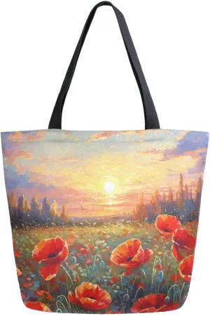 Chic Extra Large Shoulder Grocery Tote Bag, Red Poppy Painting Field Sunset Canvas Daily Gym Weekender Beach Travel Kitchen Reusable Market Shopping Handle Bag, Zzdf69762133p281c318s555