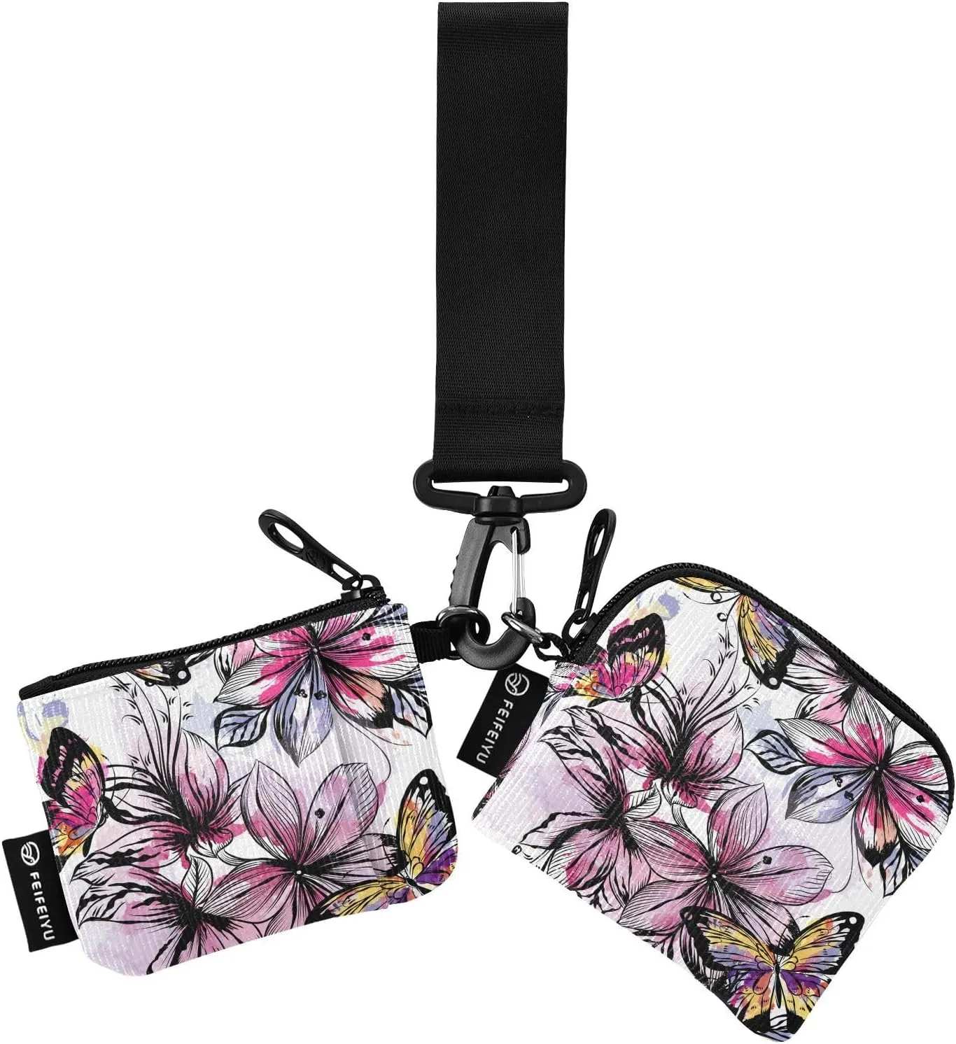 Chic Flowers and Butterflies Mini Zip Around Wristlet keychain Wallet for Women with Detachable Dual Pouch Wristlet Portable wallet Coin Purse