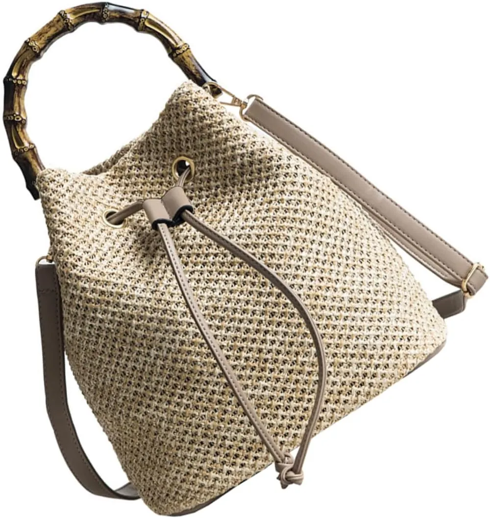 Chic Straw Weave Crossbody Handbag Women's Drawstring Bucket Bag Tote for Casual Use