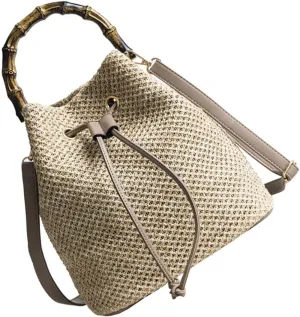 Chic Straw Weave Crossbody Handbag Women's Drawstring Bucket Bag Tote for Casual Use