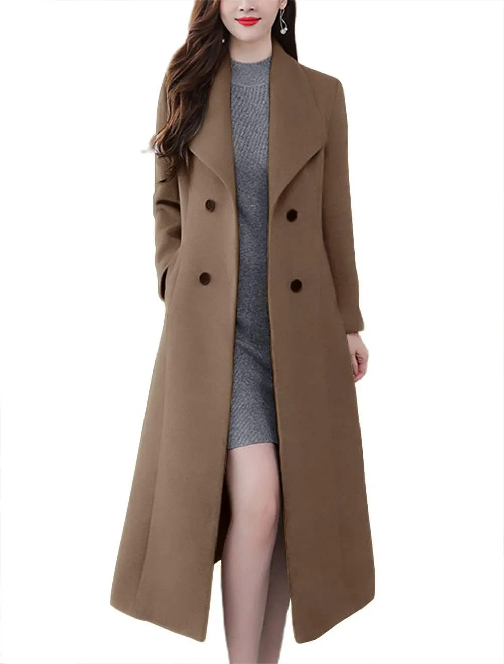 chouyatou Women's Chic Shawl Collar Work Double Breasted Maxi Long Wool Pea Coat